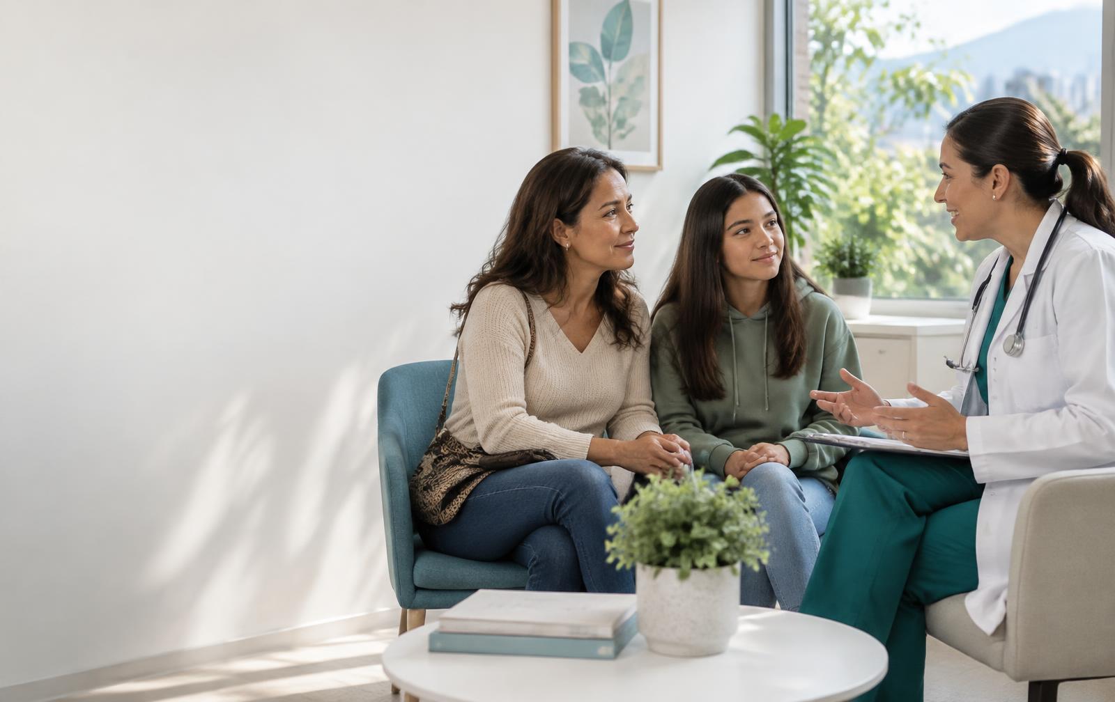 Madre e hija conversando con una médica en un consultorio luminoso