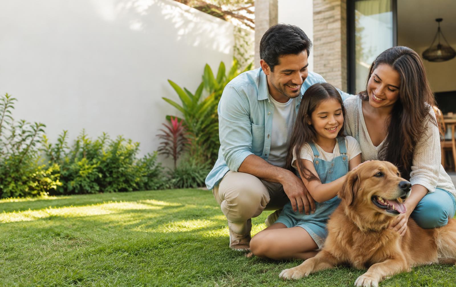 Familia compartiendo un momento tranquilo con su hija y su perro en el jardín