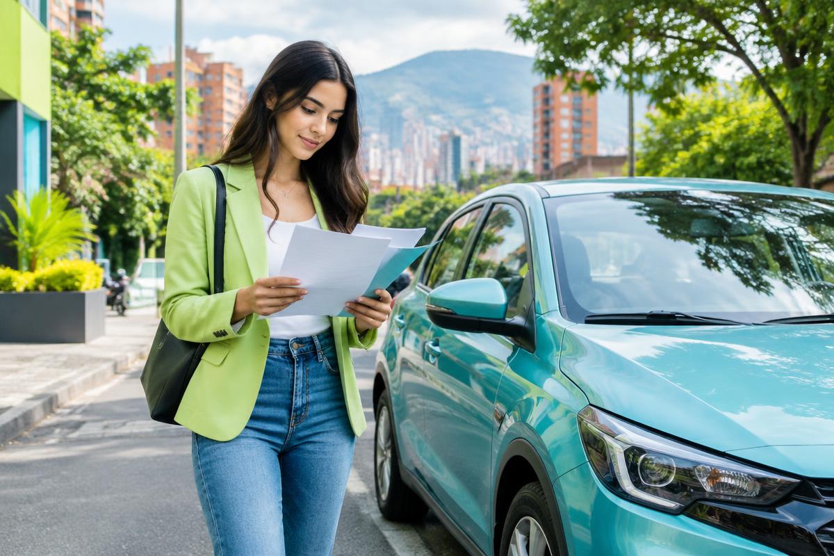 Persona revisando documentos junto a su auto